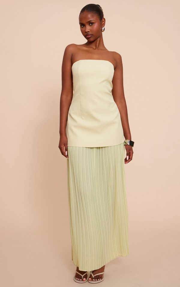 Sage Green Chiffon Pleated Skirt Panel Bandeau Maxi Dress