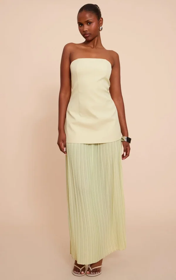 Sage Green Chiffon Pleated Skirt Panel Bandeau Maxi Dress