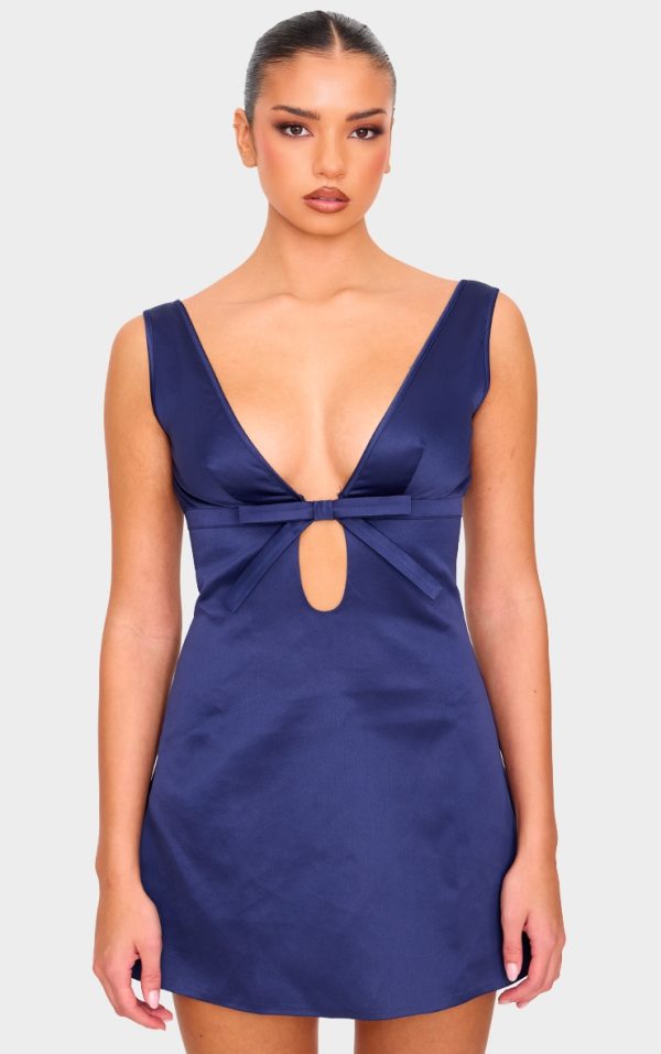 Navy Satin Bow Detail A-line Dress