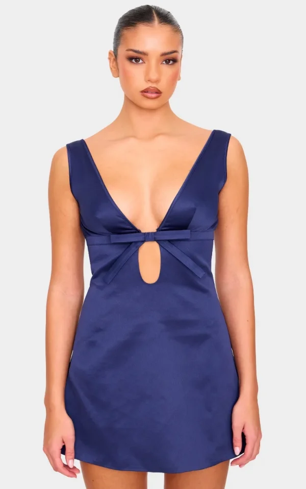 Navy Satin Bow Detail A-line Dress