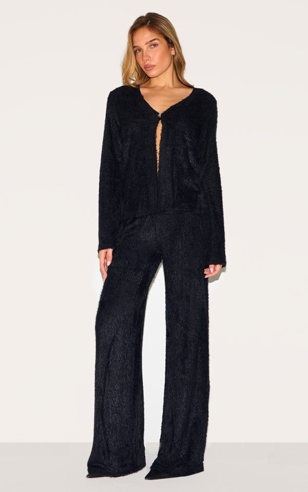Black Textured Wide Leg Low Rise Pants