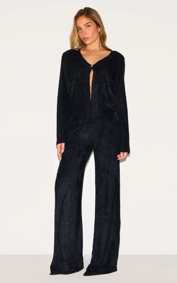 Black Textured Wide Leg Low Rise Pants