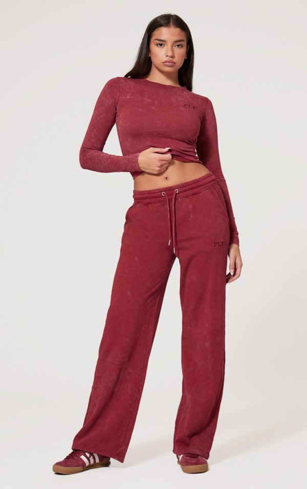 PRETTYLITTLETHING Dark Red Washed Low Rise Oversized Wide Leg Sweatpants