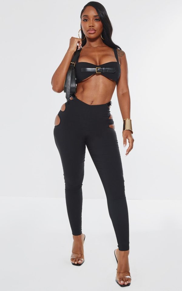 Shape Black Stretch Woven Cut Out Waist Buckle Pants