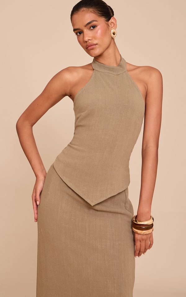 Khaki Textured Halterneck Tie Back Top
