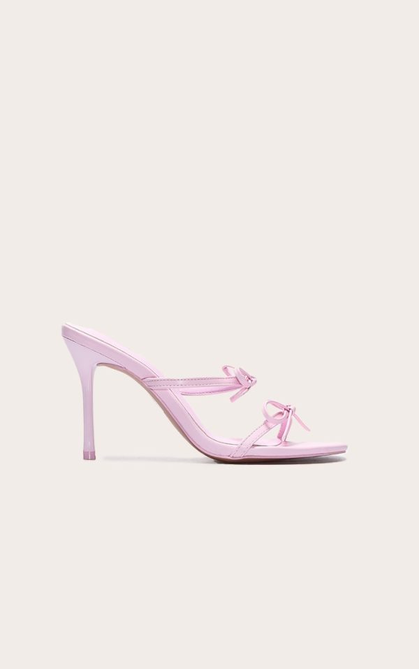Baby Pink Satin Round Toe Bow Strap High Stiletto Heel Mules