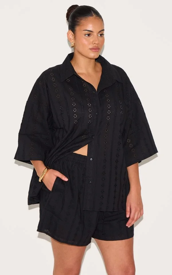Plus Black Broderie Floaty Shorts
