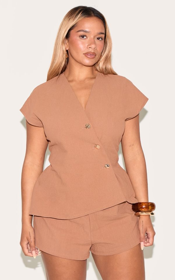 Shape Mocha Linen Look Asymetrical Gold Hammered Button Adjustable Vest
