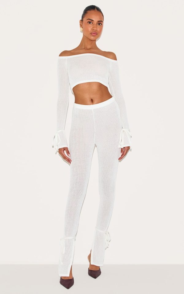 Cream Sheer Soft Rib Split Hem Tie Detail Leggings