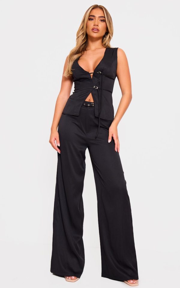 Black Woven Tailored Belt Detail Wide Leg Pants