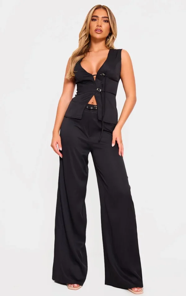 Black Woven Tailored Belt Detail Wide Leg Pants