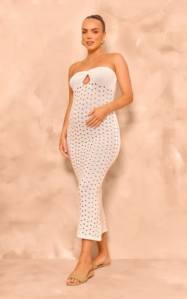 Maternity White Open Knit Bandeau Midaxi Dress