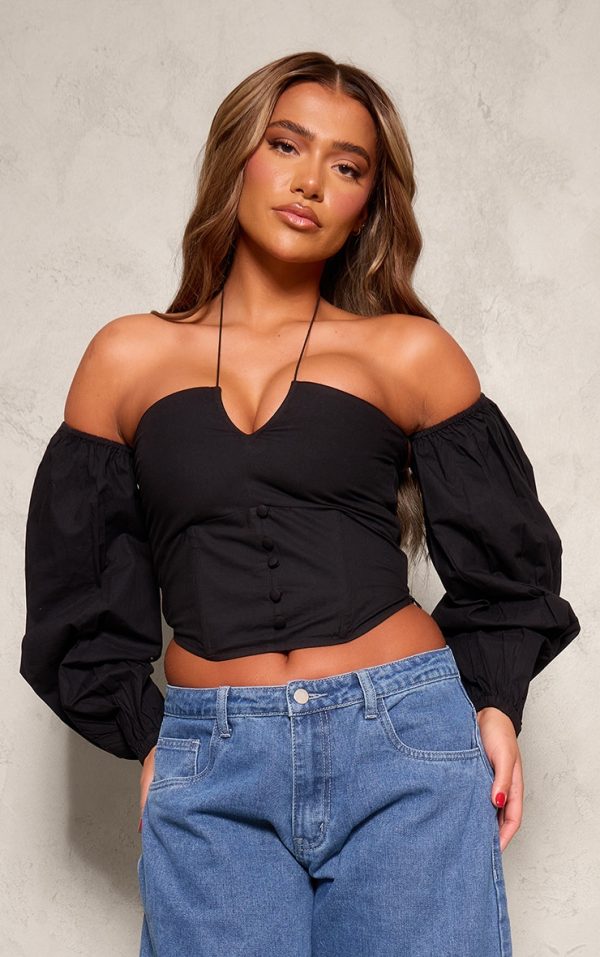 Black Poplin Elastic Halter Bardot Top
