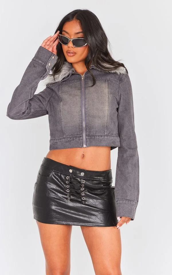 Washed Grey Faux Fur Trim Denim Biker Jacket