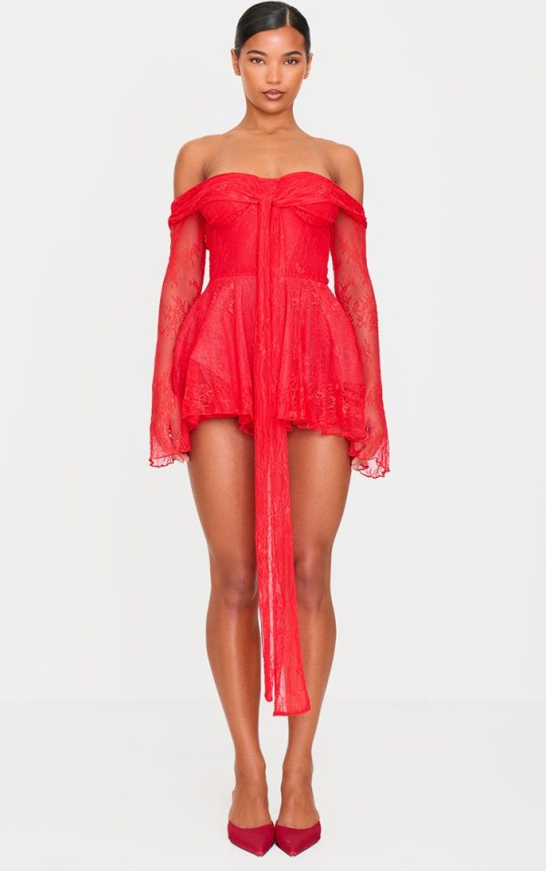 Red Lace Bardot Tie Front Romper