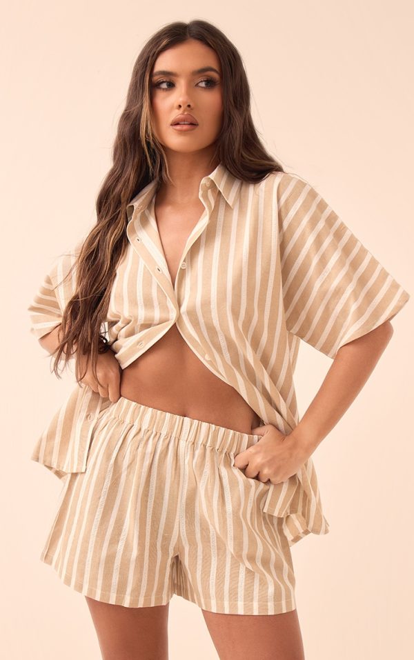 Stone Linen Look Stripe Oversized Boxy Shirt