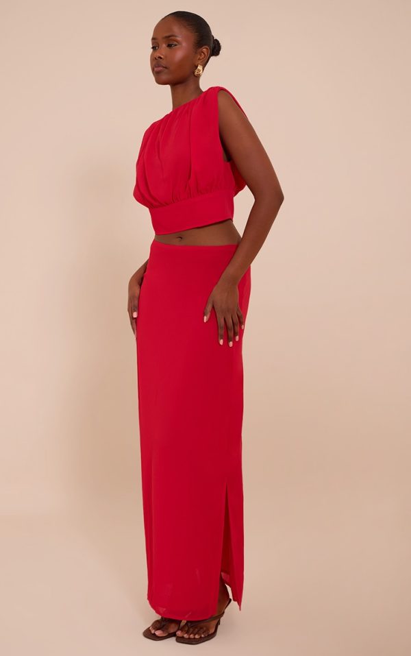 Tomato Red Chiffon Split Maxi Skirt