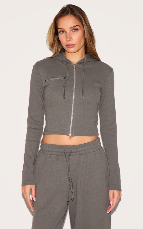 Charcoal Zip Up Ribbed Track Top