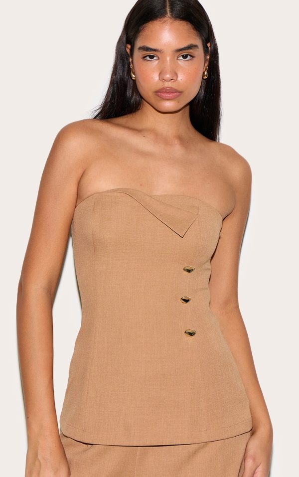 Tall Sand Fold Over Detail Tailored Bandeau Top