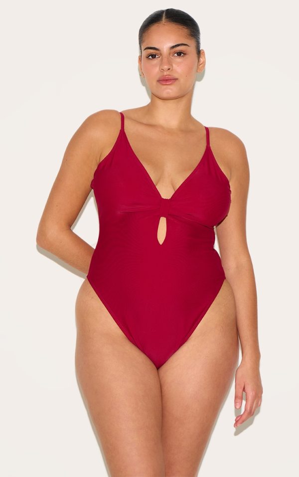 Plus Burgundy Knot Front Cut Out Swimsuit