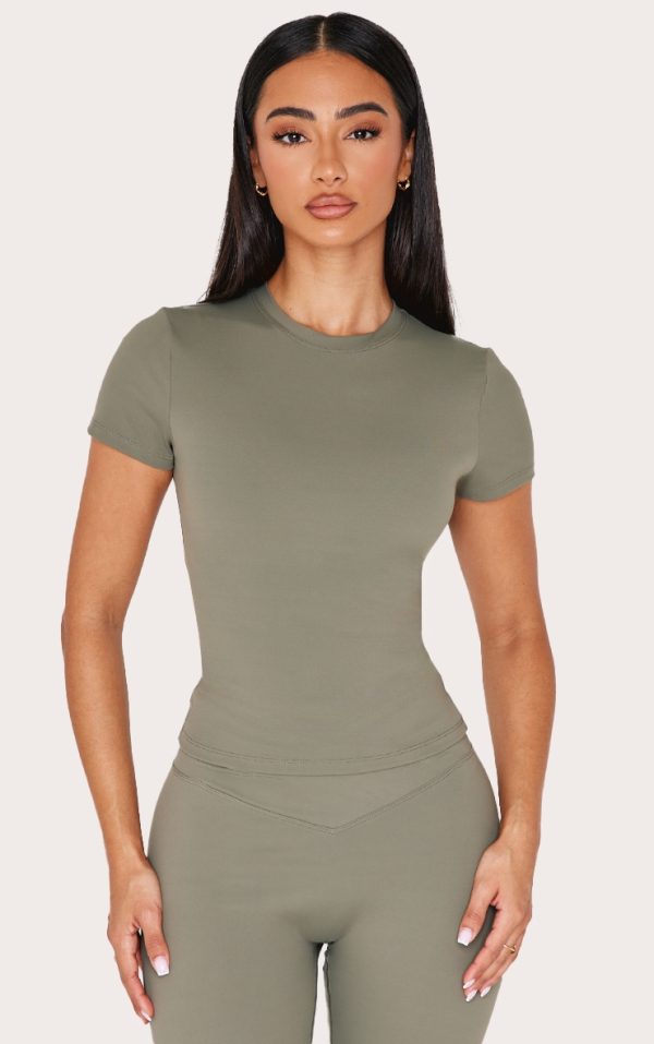 Petite Olive Sculpt Longline Short Sleeve Gym Top