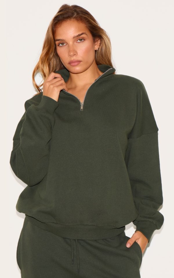 Khaki Premium High Neck Quarter Zip Oversized Sweatshirt