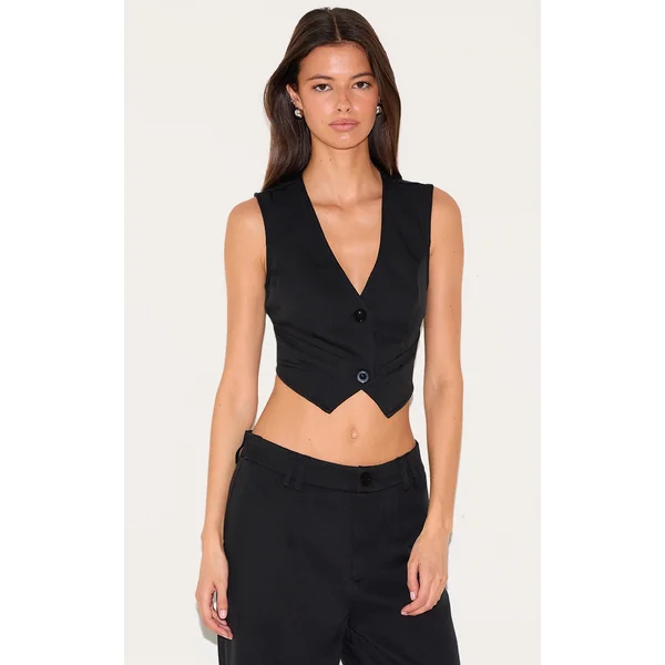 Deep Black Woven Belted Back Detail Suit Vest