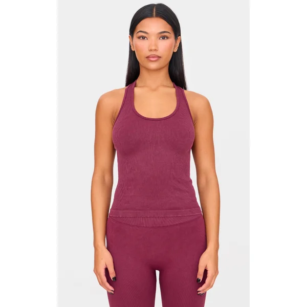 Deep Burgundy Acid Wash Seamless Rib Halter Neck Gym Top
