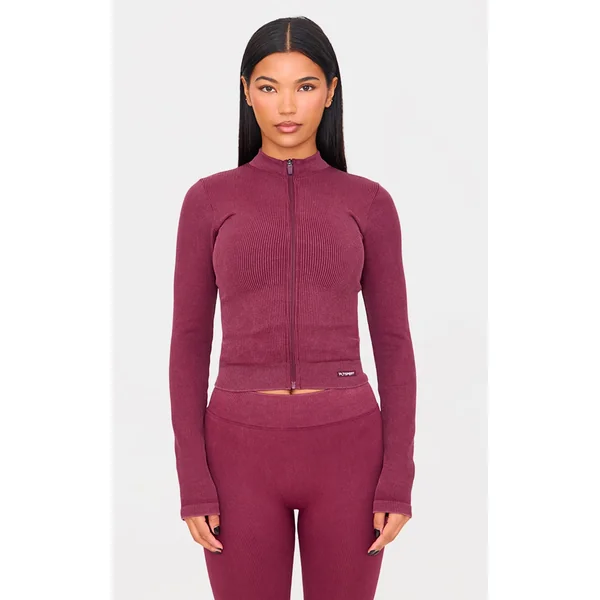 Deep Burgundy Acid Wash Seamless Ribbed Zip Up Cropped Sports Jacket