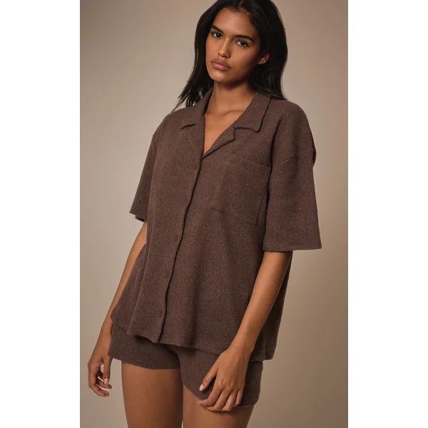 Deep Chocolate Brushed Rib Button Up Boxy Shirt
