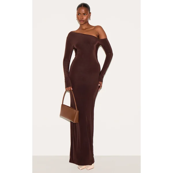 Deep Chocolate Double Slinky Asymmetric Neckline Maxi Dress