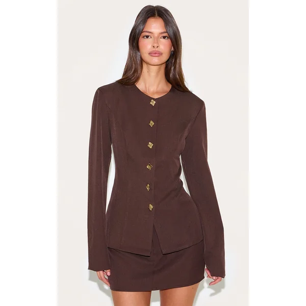 Deep Chocolate Gold Trim Cinched Waist Blazer