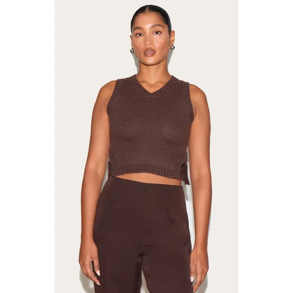 Deep Chocolate Knitted Ribbed Detail Vest