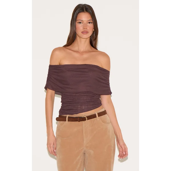 Deep Chocolate Mesh Foldover Ruched Bandeau Top