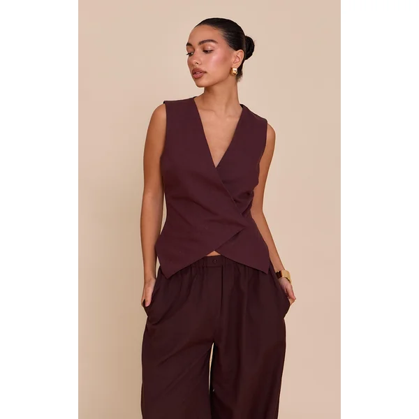 Deep Chocolate Premium Linen Blend Button Asymmetric Vest