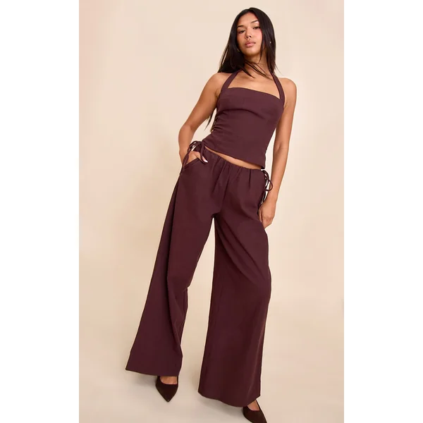 Deep Chocolate Premium Linen Side Tie Detail Wide Leg Pants