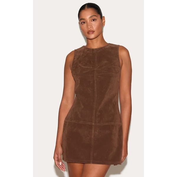 Deep Chocolate Structured Faux Suede Seam Detail Sleeveless Shift Dress