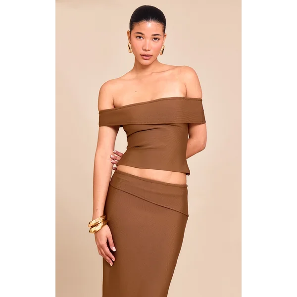 Deep Chocolate Tailored Bandage Knit Fold Over Asymmetric Top