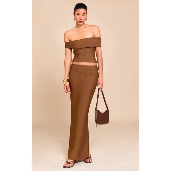 Deep Chocolate Tailored Bandage Knit Fold Over Maxi Skirt