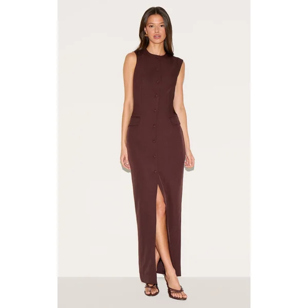 Deep Chocolate Woven Button Maxi Dress
