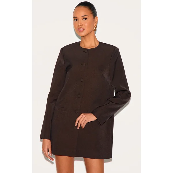 Deep Chocolate Woven Oversized Crew Neck Blazer Dress