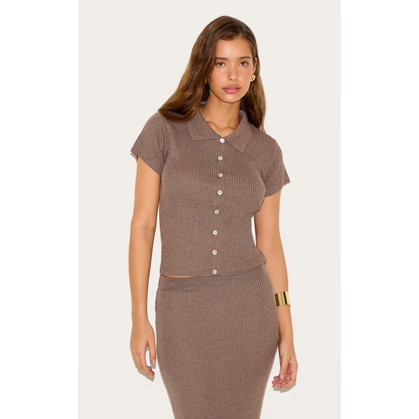 Deep Mocha Filagree Button Through Short Sleeve Top
