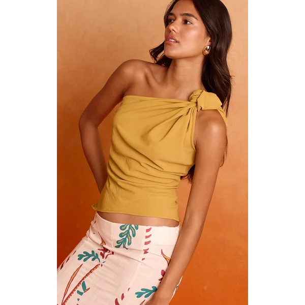 Deep Mustard Floaty Woven One Shoulder Knot Detail Top