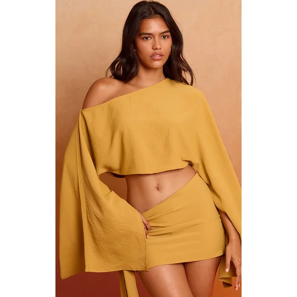Deep Mustard Floaty Woven Slash Neck Long Sleeve Top