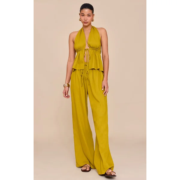 Deep Mustard Linen Look Drawstring Wide Leg Pants