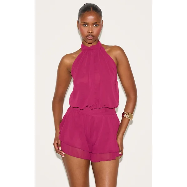 Deep Plum Chiffon High Neck Drop Waist Romper