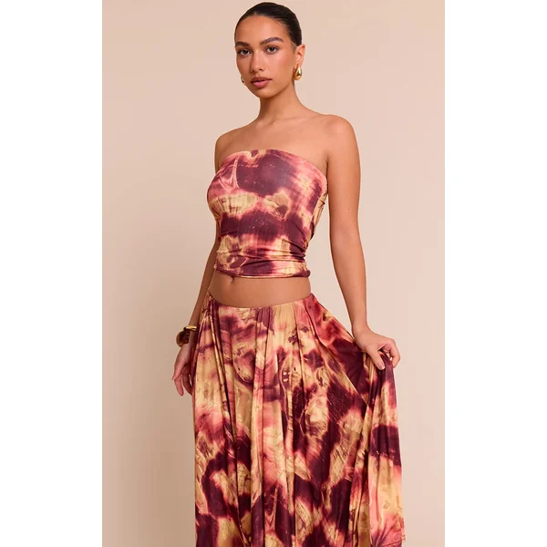 Deep Red Abstract Print Double Layer Slinky Bandeau Top