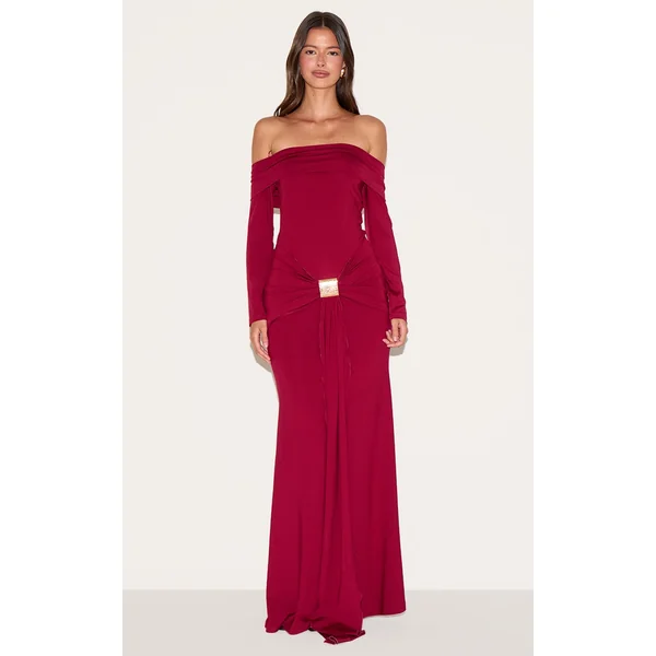 Deep Red Bardot Long Sleeve Trim Drape Detail Maxi Dress