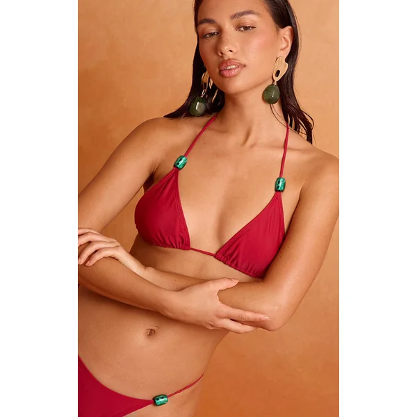 Deep Red Bead Trim Triangle Bikini Top