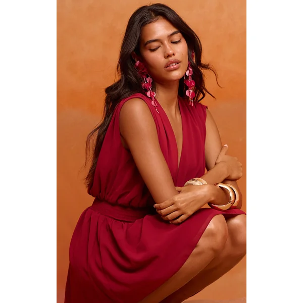 Deep Red Chiffon Shirred Mini Dress